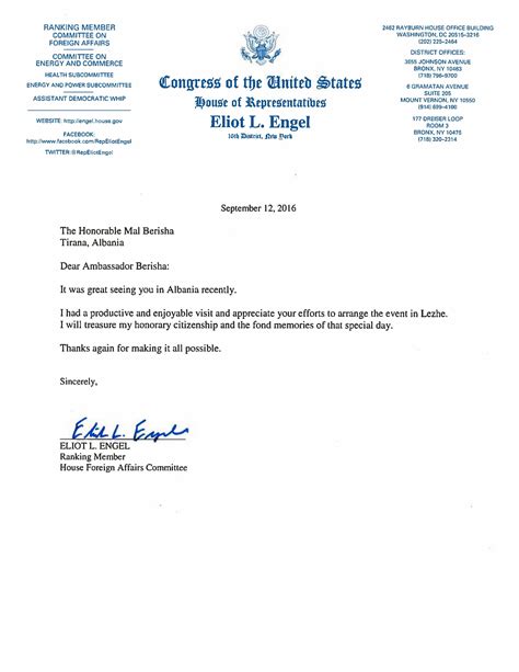 A Thank You Letter From Congressman Eliot Engel Mal Berisha