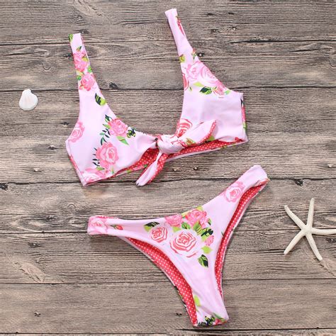 2018 Pink Floral Print Bow Knotted Swimsuit Bikinis Sets Swimwear For