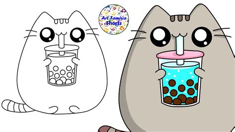 Sketch Pusheen Cat Drinking Boba Cat Drawing Sketch Drawing Step By