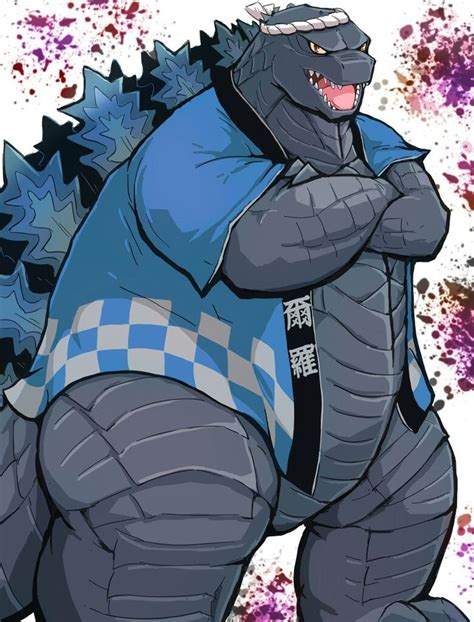 An Image Of A Godzilla Character In Blue And Grey Clothes With His Arms