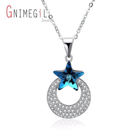 GNIMEGIL Fashion Sterling Silver Crystal Star And Moon Necklace For Women Femme Wedding