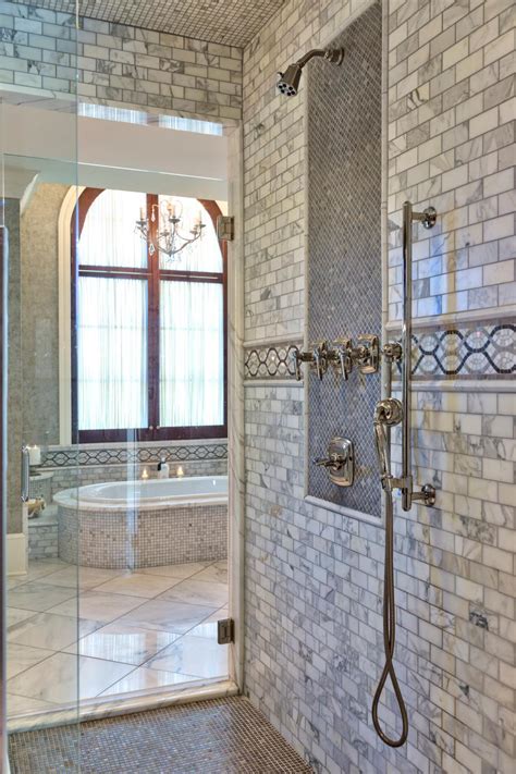 Gray Marble Walk In Shower With Mosaic Tile Details Hgtv