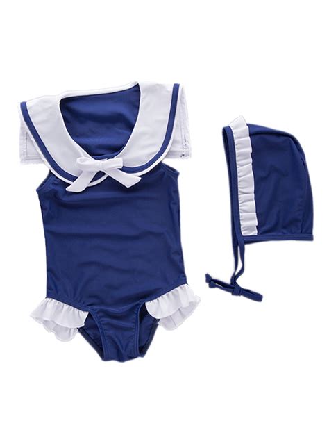 Baby Girls Sleeveless Navy Sailor Swimsuit And Hat 2 Pc 7