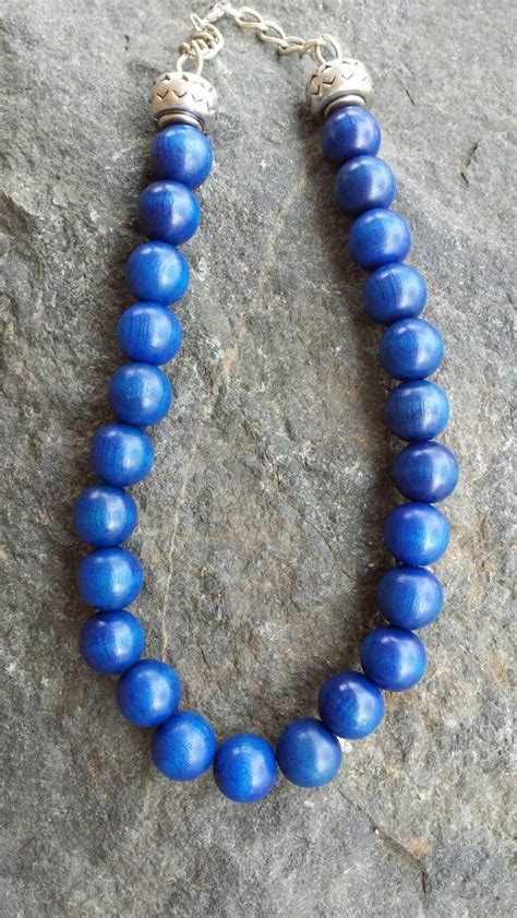 18mm Navy Blue Dyed Wood Bead Necklace With Antique Silver