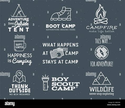 Camping diseño de logotipo con tipografía y elementos de viaje fogata