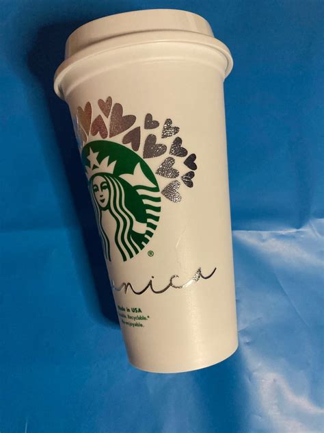 White Starbucks Reusable Travel Mug Cup With Hearts And Custom Etsy