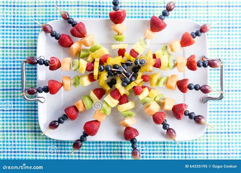 Healthy Fresh Fruit Kebabs On A Picnic Table Stock Image Image Of