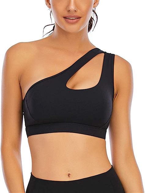 ALING Womens One Shoulder Sports Bra With Removable Pads Medium Support Fitness Workout Running