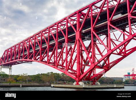Red Minato Bridge Double Deck Truss Bridge In Osaka Japan Upper Is