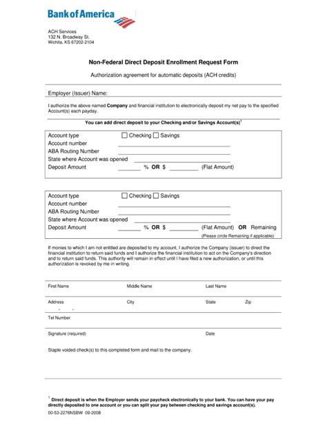 For a national bank, they usually have a branch in your location so you just need to put the location of your branch. Non Federal Direct Deposit Enrollment Form - Fill Out and Sign Printable PDF Template | signNow