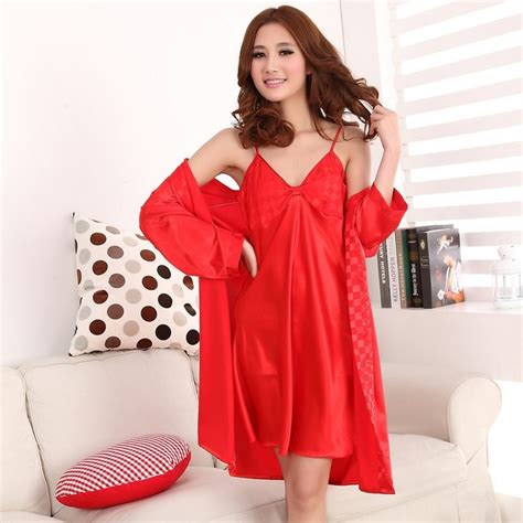 Women S Sexy And Elegant Knee Length Satin Nightgown And Robe Set Soft Silky Bathrobe In Pajama