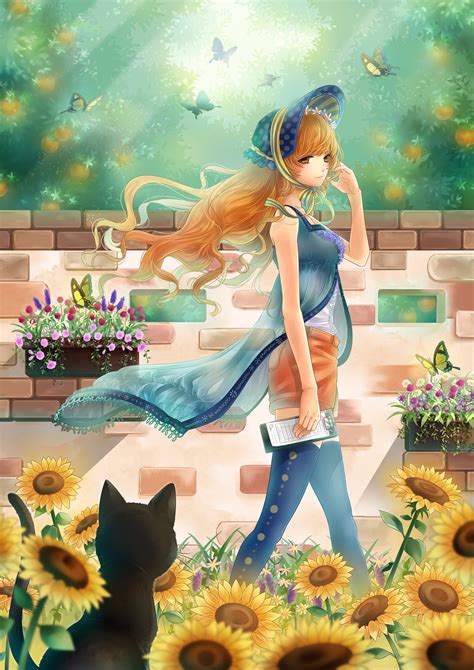 Original Anime Girl Sunflower Summer Dress Flower Cat
