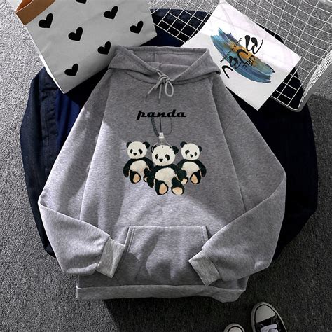 Womens Casual Hoodies Pandas Printed Long Sleeve Loose Hooded