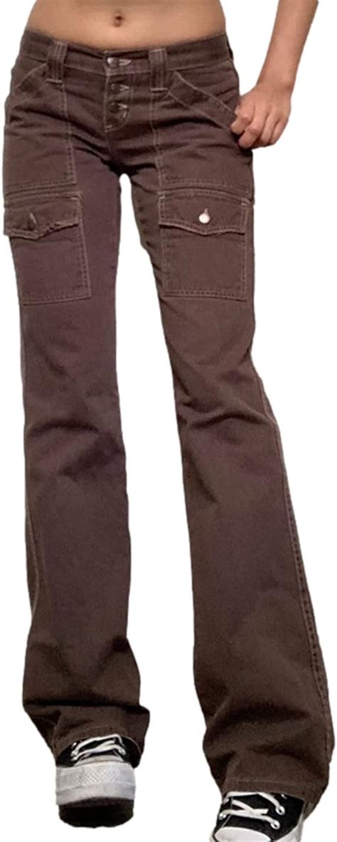 Cslada Y2k Brown Vintage With Pockets Slim Cargo Pants Women Low Waist