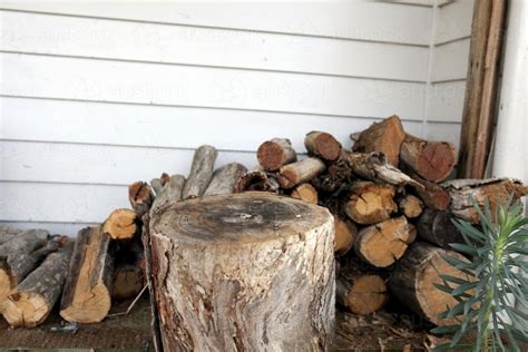 Image Of Chopping Block And Pile Of Firewood Outside Austockphoto