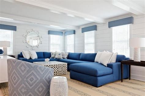 Nautical & coastal coffee, console, sofa & end tables : Blue sectional sofa and white lattice coffee table. l ...