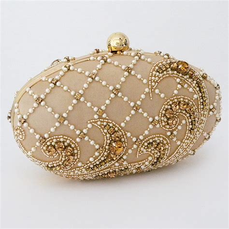 Beaded Evening Bags Pale Gold Oval Shaped Evening Clutch
