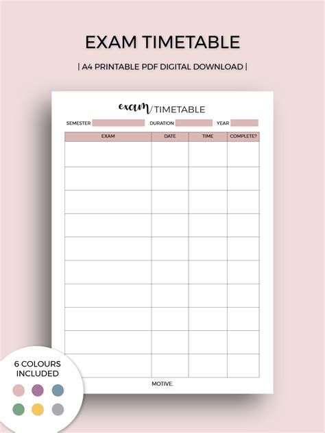 Printable Exam Timetable