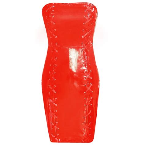 Red And Black Shiny Pvc Sexy Strapless Tube Dress Lace Up Backless Zip Pencil Mini Dresses Female
