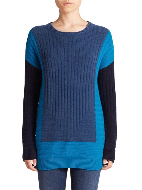 Lyst Vince Colorblock Intarsia Woolcashmere Sweater In Blue