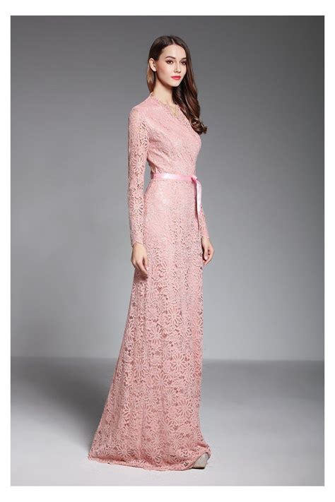Pink Long Sleeve Lace Formal Evening Dress With Sash 95 CK625