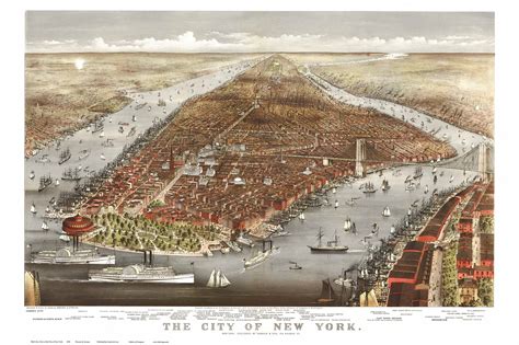 New York City 1876 Birds Eye View Old Map Reprint Old Maps