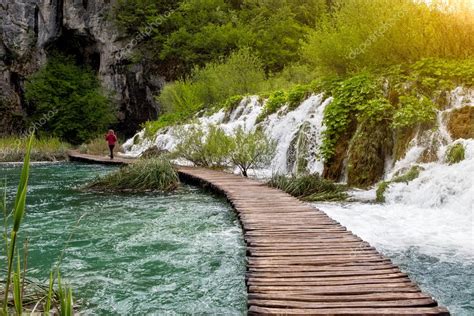 Beautiful View Of Waterfalls And Pathway In Plitvice Lakes National