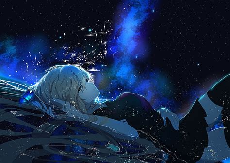 Hd Wallpaper Anime Girl Lying Down Butterfly Profile View Stars