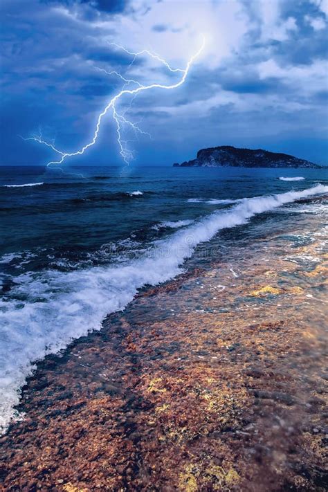 Dramatic Nature Background Stormy Sea With Big Waves And Lightning