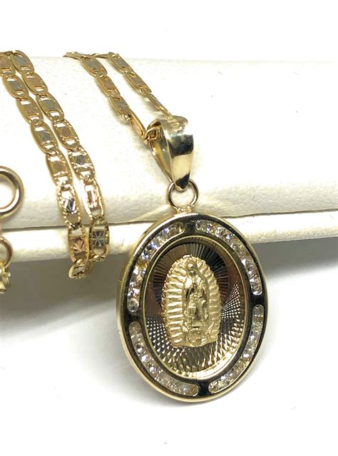 10k Solid Gold Tri Color Virrgin Mary Cz Oval Pendant Necklace Virrgen