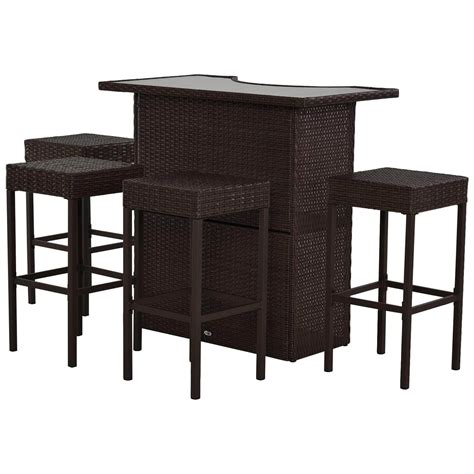 Outsunny 5 Piece Outdoor Patio Rattan Wicker Bar Table And Barstool Set