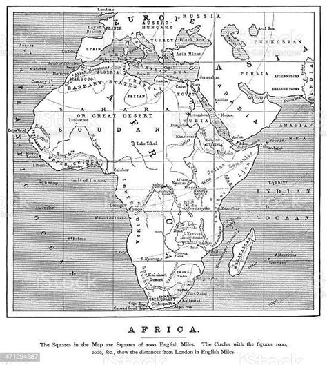 1882แผนที่ของแอฟริกากับระยะทางจากลอนดอน ภาพประกอบสต็อก ดาวน์โหลดรูป