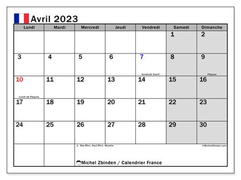 Calendrier Avril 2023 France Michel Zbinden Fr