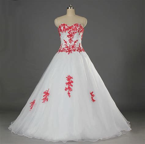 Sweetheart Ball Gown White And Red Lace Appliques Wedding Dresses