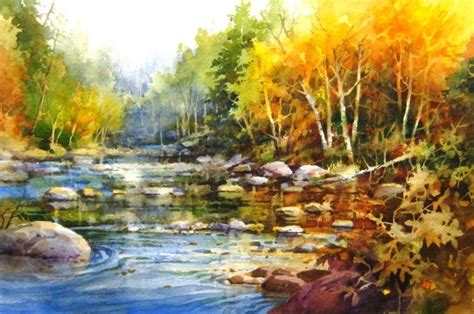 Peaceful River Watercolor Painting Of Stream And Autumn Leaves In New