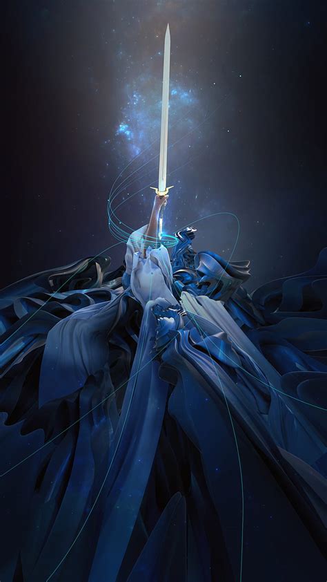 Excalibur D Alastair King Arthur Abstract Blue Fantasy Lake