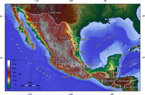 Der golf von mexiko ist eine nahezu vollständig von nordamerika eingeschlossene meeresbucht. Topographie Landkarte Mexiko