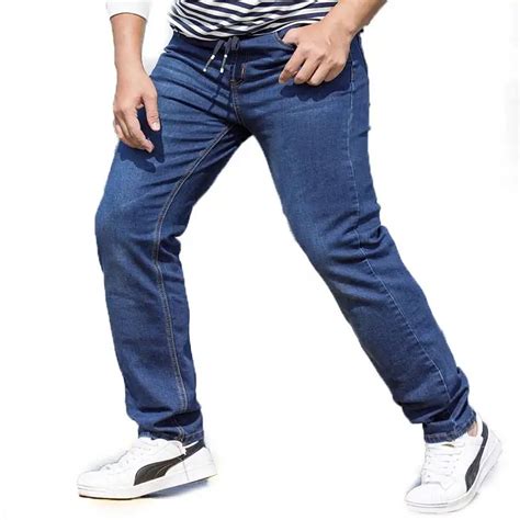 regular fit plus size mens straight jeans classic blue drawstring waist oversize denim trousers