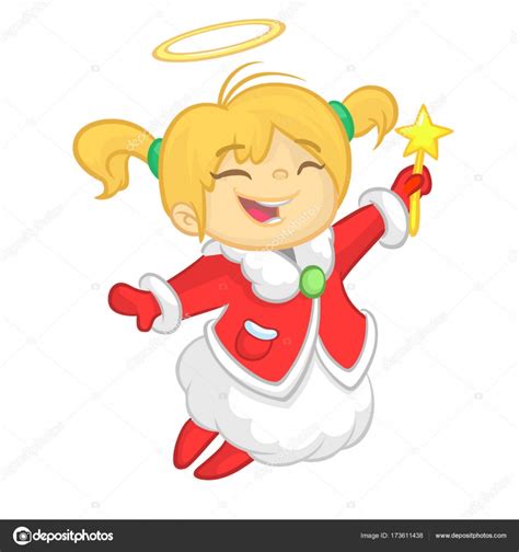 Cute Cartoon Christmas Angel Character Flying And Holding Star Vector