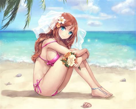Wallpaper Anime Girls Water Beach Black Hair Bikini Sideboob Swimwear Clothing Leg