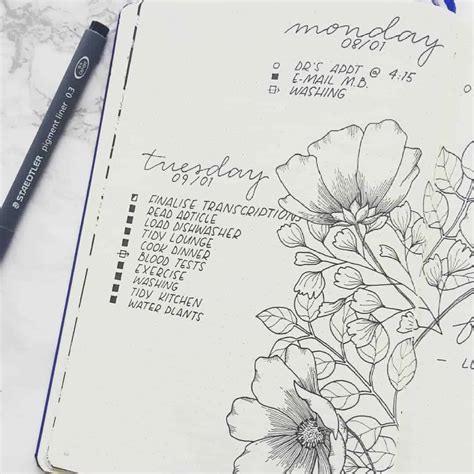 The beautiful drawing highlights the simplicity of the remainder of the weekly page. floral bullet journal spreads | My Inner Creative