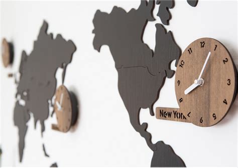 Wooden World Map Wall Clock Globe 3 Country Time Puzzle Diy Wall World