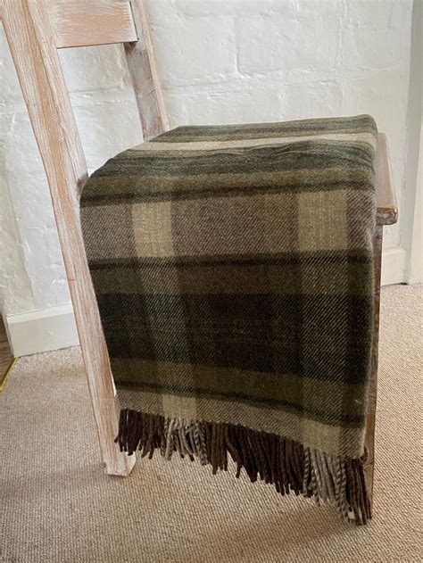 Merino Wool Throw Green Plaid Blanket 100 Natural Wool Etsy
