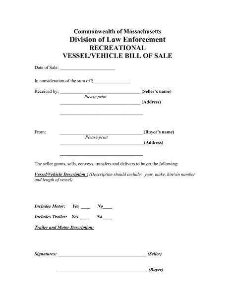Free Massachusetts Car Bill Of Sale Template Fillable Forms