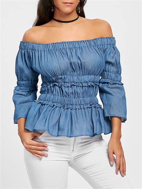 [24 off] off the shoulder ruched denim top rosegal