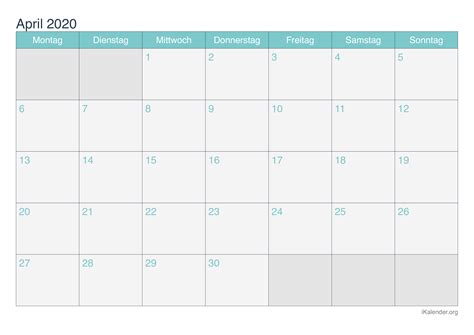 Kalender 2021 zum ausdrucken kostenlos ein 3monatskalender 2019 enthält zum beispiel die wochentage für 2019. Kalender April 2020 zum Ausdrucken - iKalender.org