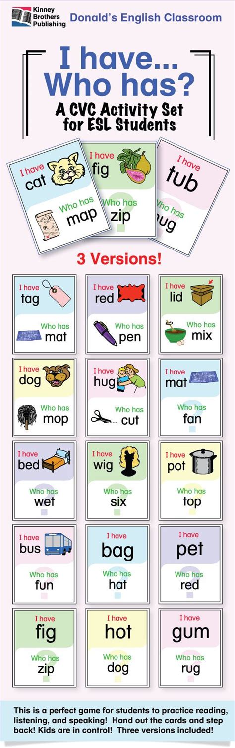 Here are four sets of picture cards for the alphabet. ESL Games - CVC Words - I Have Who Has Activity Set | ELL resources | ESL, Teaching english ...