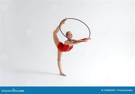 Professional Sports Artistic Young Gymnast With Hula Hoop Practicing