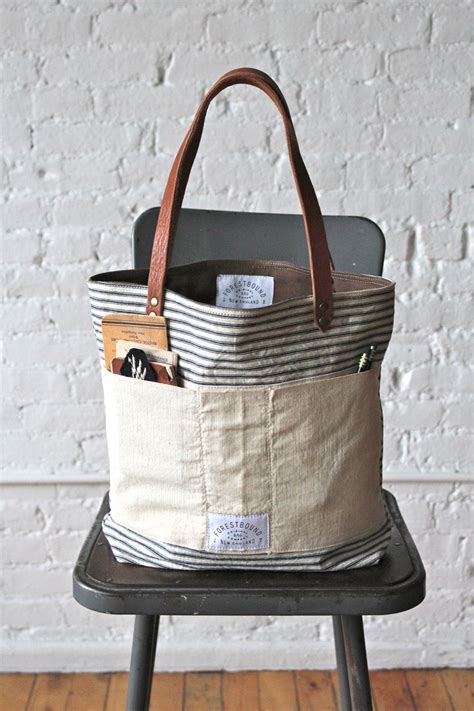 1950s Era Ticking Fabric Tote Bag Forestbound