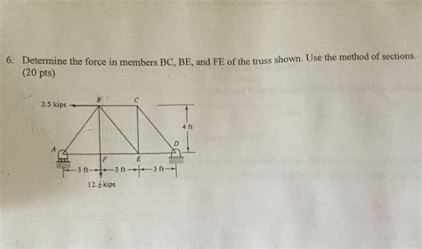 solved 6 determine the force in members bc be and fe of